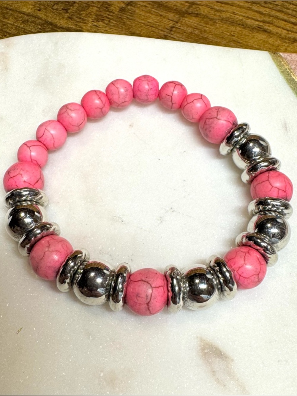*Pink Stone Stretch Bracelet Silver Tone Beaded Stackable